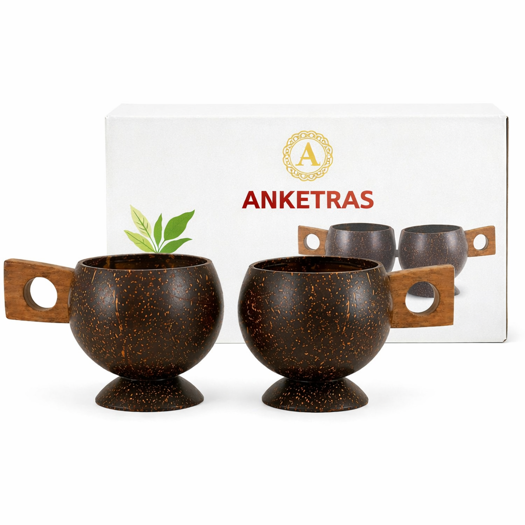 Anketras Coconut Shell Tea Cup (Pack of 2) | Eco-Friendly Handmade Natural Cup | Reusable Wooden Finish Drinking Cup for Tea, Coffee & Beverages | Sustainable & Toxin-Free