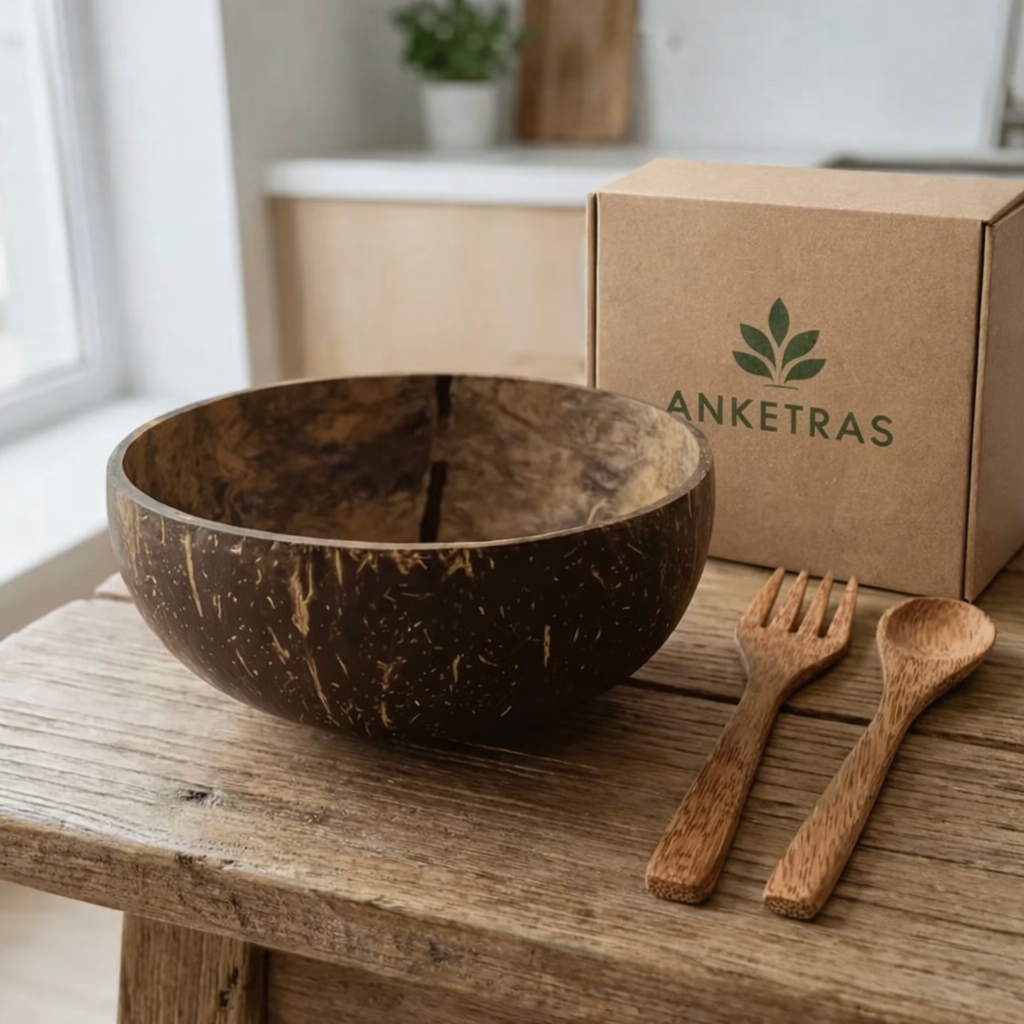 Anketras Coconut Shell Bowl Set with Spoon & Fork | 600 ML Handmade Natural Eco-Friendly Bowl | Toxin-Free Sustainable Tableware for Smoothies, Salads, Cereals & Snacks