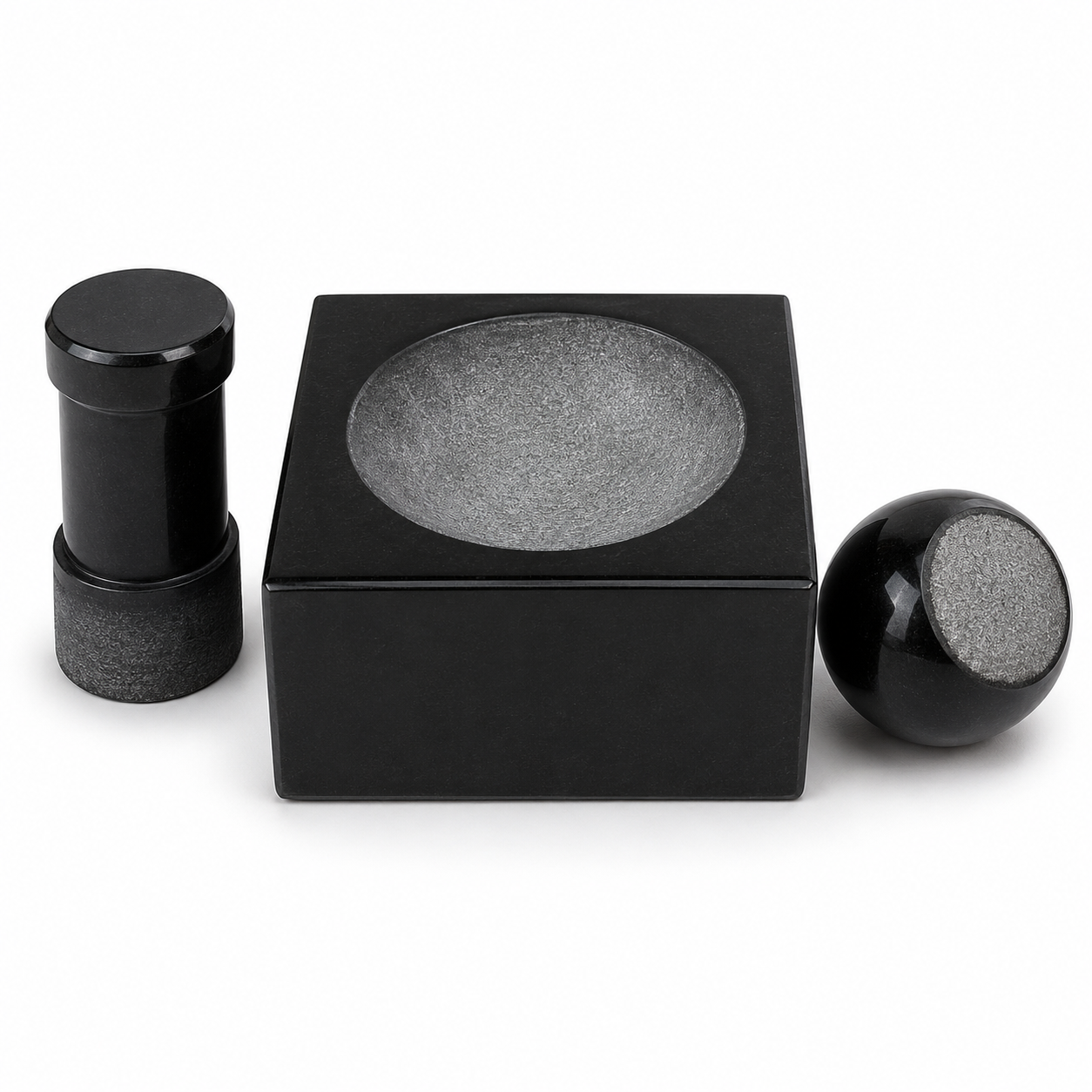 Anketras Premium Black Granite Idikal Square Combo with Cylinder Pestle & Ball Handle Grinder (3 Piece) | Natural Stone Mortar Pestle Set for Masala, Chutney, Herbs, Spices & Traditional Grinding