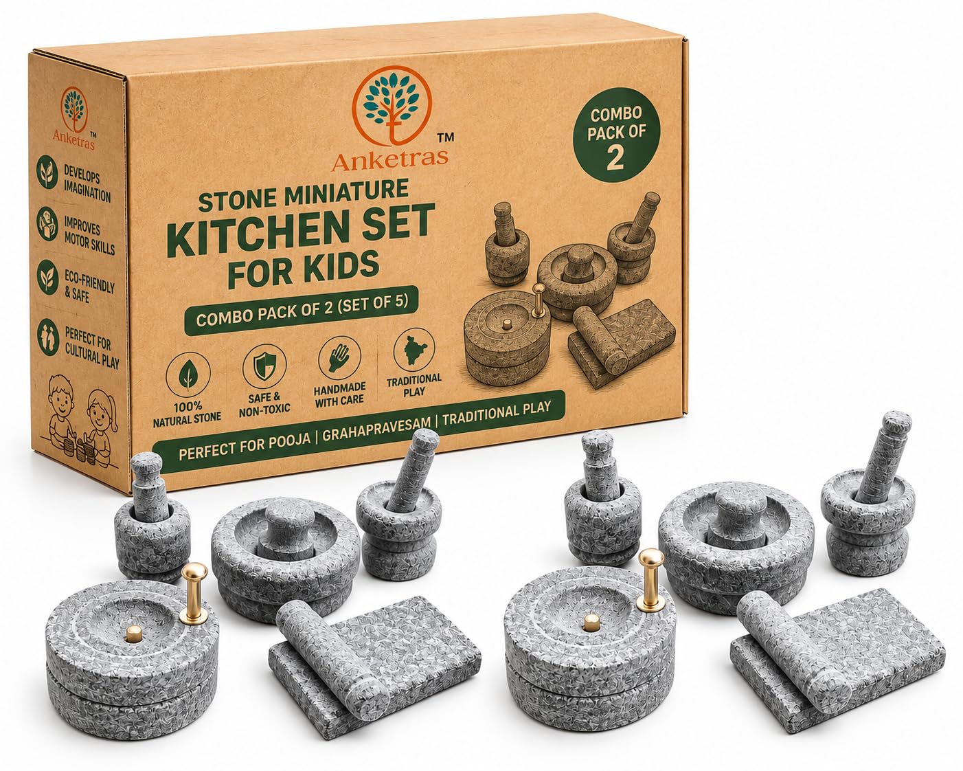 Anketras Miniature Natural Stone Indian Kitchen Play Set, pack 2
