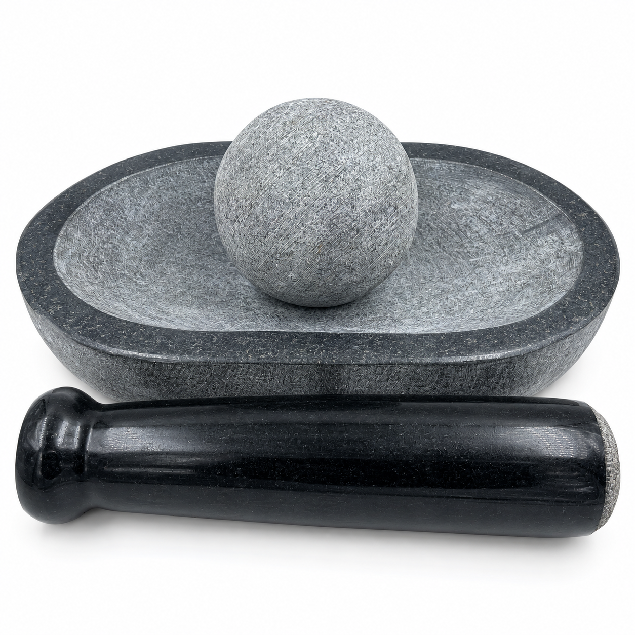 Anketras 8 Inch Natural Granite Kalvam Grinding Set with Stone Ball and Pestle | Half-Polished Traditional Stone Grinder for Herbs, Spices, Garlic and Masala | 3-Piece Set