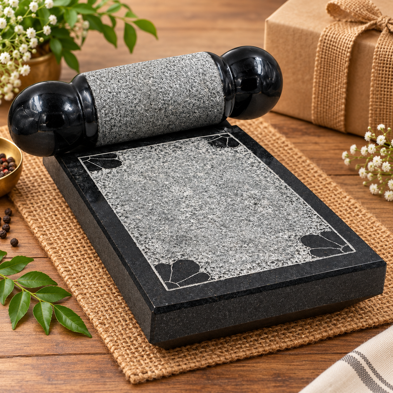 Anketras 8 x 6 Inch Natural Granite Ammikal with Roller | Traditional Stone Grinder for Masala, Chutney, Coconut, Garlic and Spices | Ammi Kal Sil Batta for Kitchen