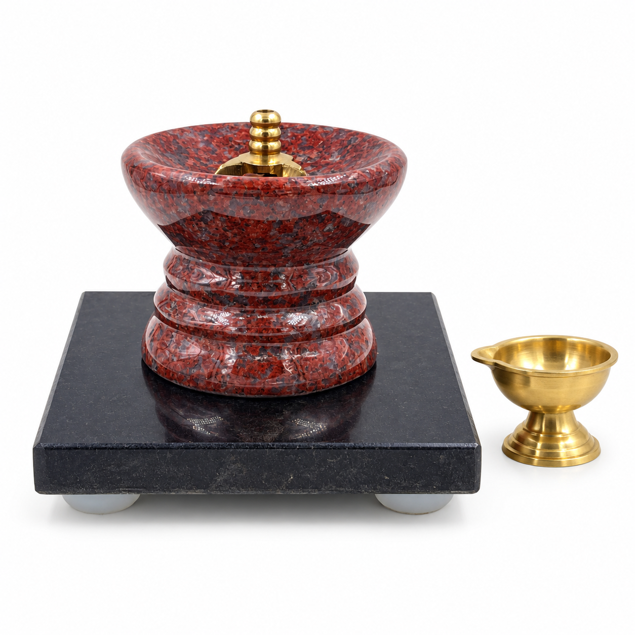 Anketras 4 Inch Red Granite Stone Diya with Brass Wick Holder and Black Stone Stand | Traditional Oil Deepam Vilakku for Pooja Room, Temple, Diwali and Home Décor