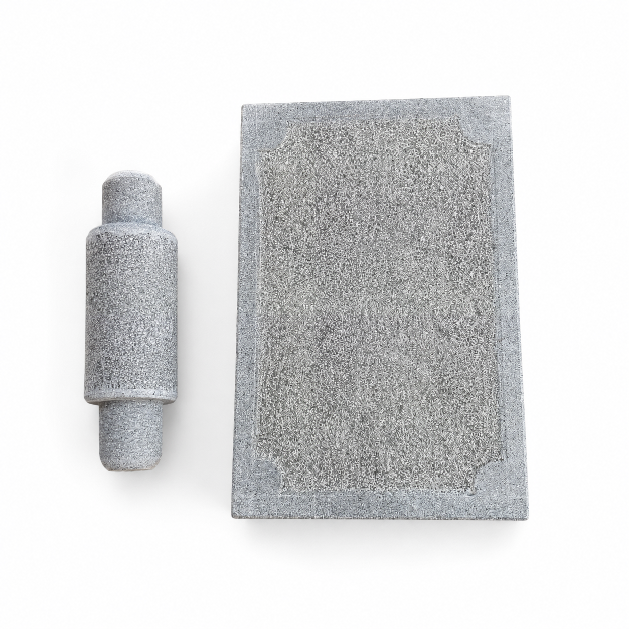 Anketras Natural Granite Sil Batta with Roller, 12 x 8 Inch Unpolished Ammikallu Grinding Stone for Masala, Chutney, Spices, Garlic and Ginger, Traditional Manual Kitchen Grinder, Grey