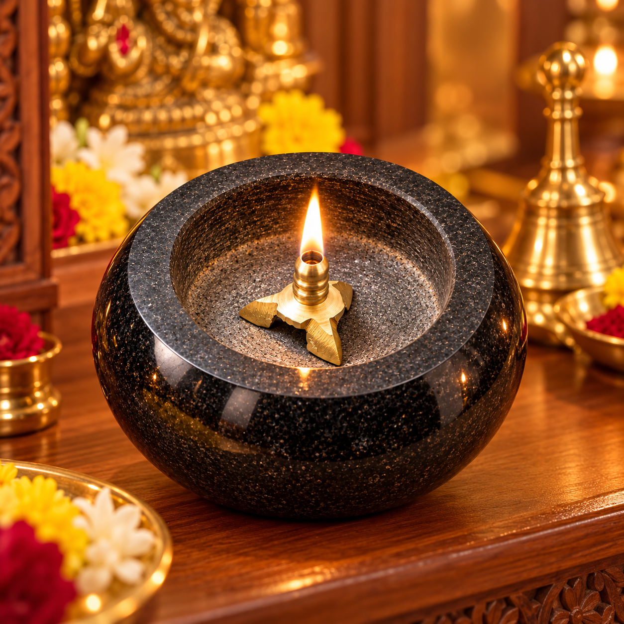 ANKETRAS 4 Inch Natural Granite Stone Diya | Traditional Oil Lamp for Pooja, Temple, Home Mandir & Festival Decoration | Reusable Stone Deepam for Diwali, Karthigai Deepam & Daily Puja