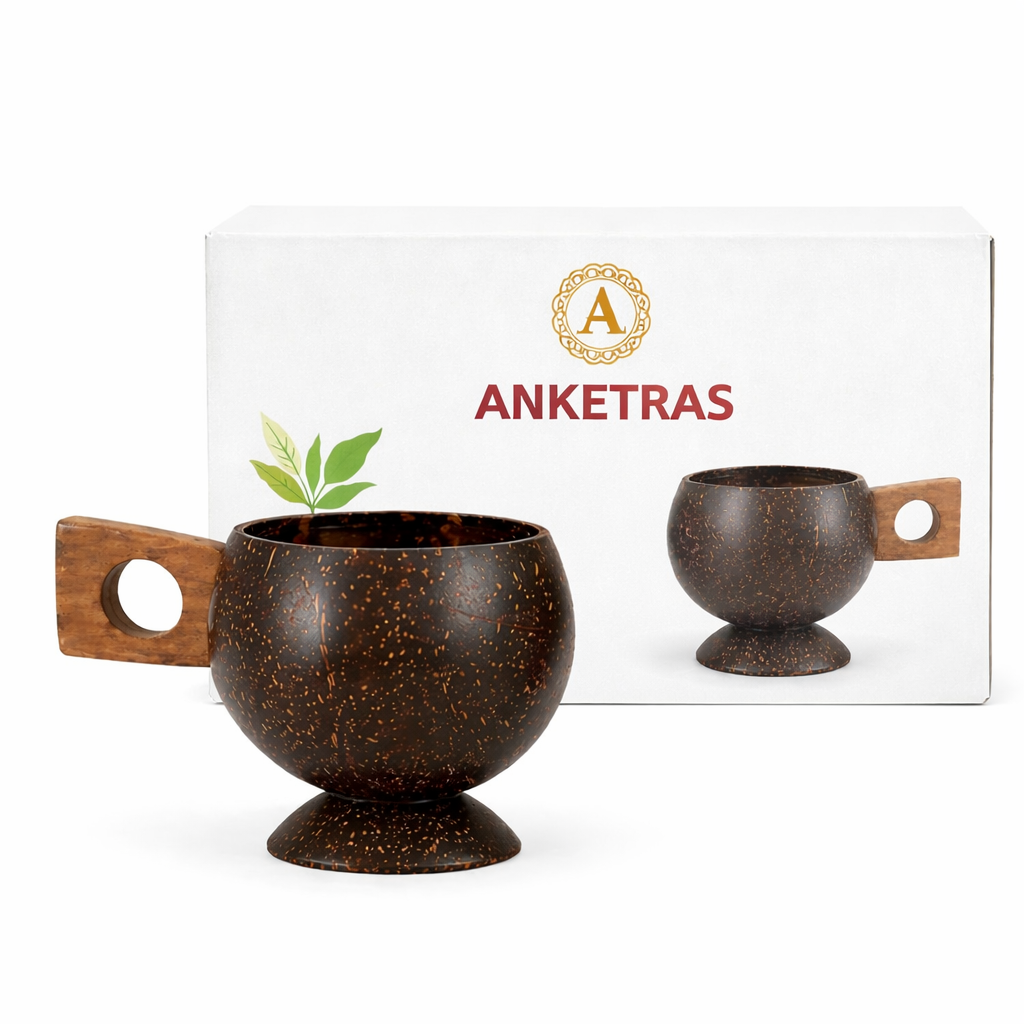 Anketras Coconut Shell Cup (Pack of 1) Handcrafted Natural Drinkware | Eco-Friendly Cup with Wooden Handle | Sustainable Kitchen Essential