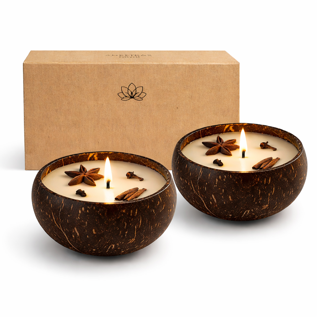 Anketras Coconut Shell Spice Candle | 100g Eco-Friendly Soy Wax | Star Anise & Cinnamon Scented | Rustic Festive Décor for Diwali, Christmas & Gifting | Sustainable Natural Bowl Candle (Pack 2)