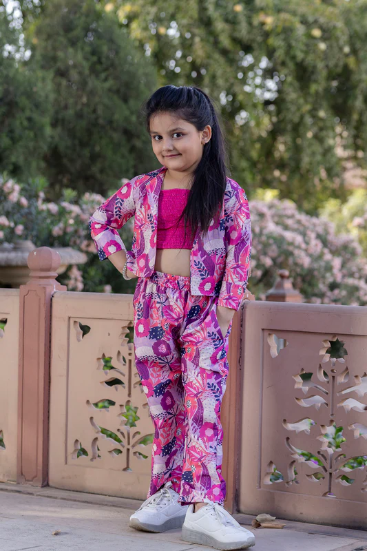 Cutie Diva Girl's Kids Printed Co-Ord Set With Jacket in Muslin