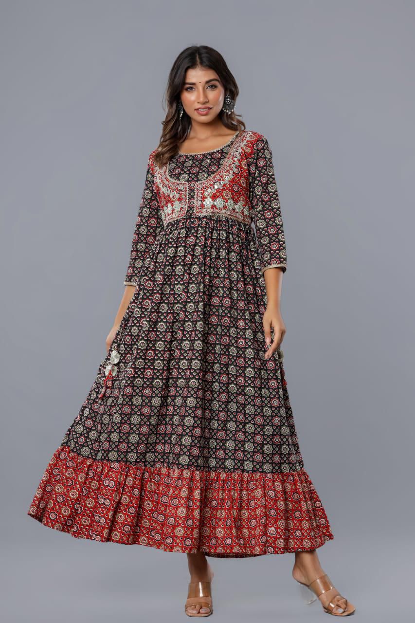 Desert Night Elegance – Jaipuri Flared Maxi Dress